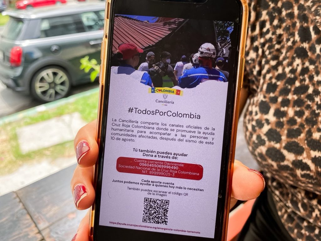 Cuenta bancaria para el apoyo económico a las comunidades afectadas en Colombia tras el sismo.